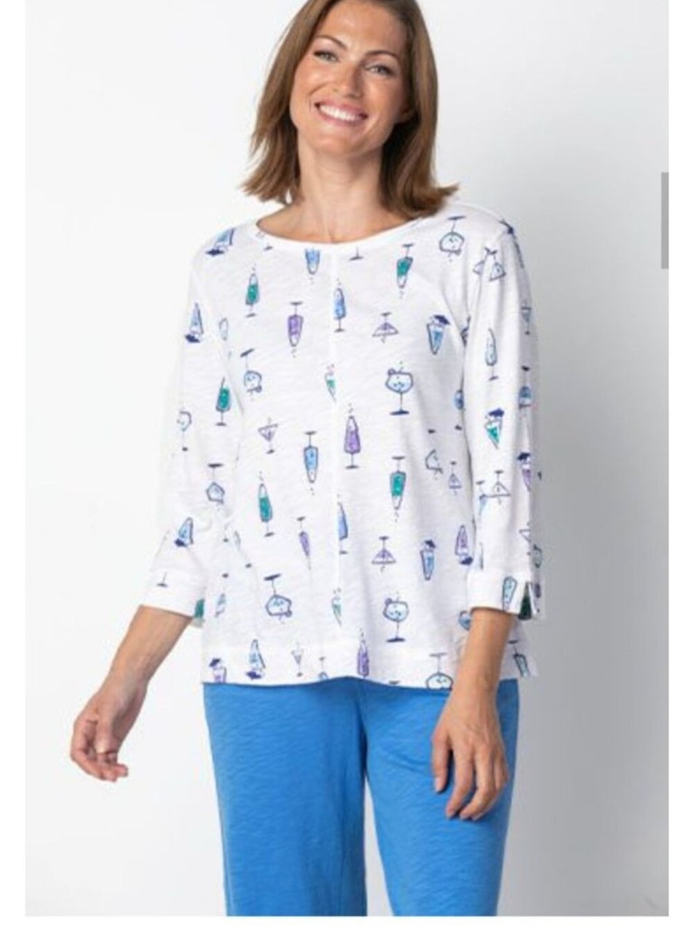 Habitat Cheers Novelty Cocktail Print Top XL White 3/4 Sleeve Boatneck‎ EUC